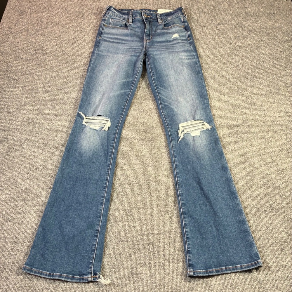 American Eagle Hi Rise Skinny Kick Jeans Womens 0 Blue NEW Distressed Flare